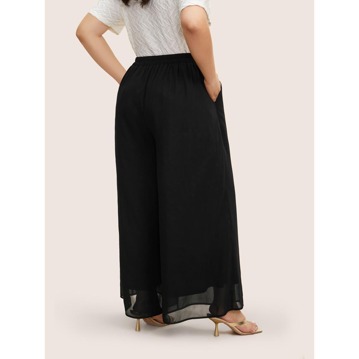 Plus Size Mid Rise Mesh Elastic Waist Wide Leg Pants Women Black Elegant Loose Mid Rise Everyday Pants BloomChic 26/4X Product Image
