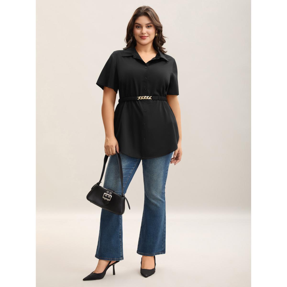 Plus Size Black Button Up Belted Collar Shirt Women At the Office Short sleeve Shirt collar Work Blouses BloomChic 26/4X Product Image