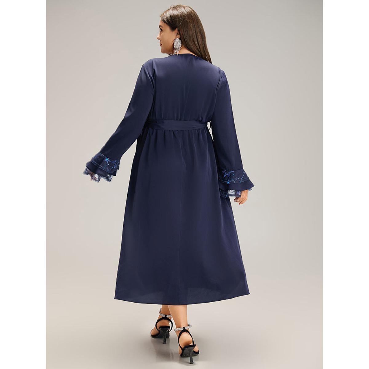 Plus Size Star Sequin Mesh Layered Sleeve Dress DarkBlue Women Party Belted Round Neck Long Sleeve Curvy Midi Dress BloomChic 12/L Product Image