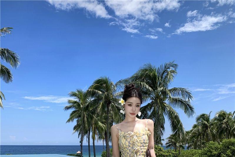 Spaghetti Strap Geometric Print Ruffle Maxi A-Line Dress Product Image