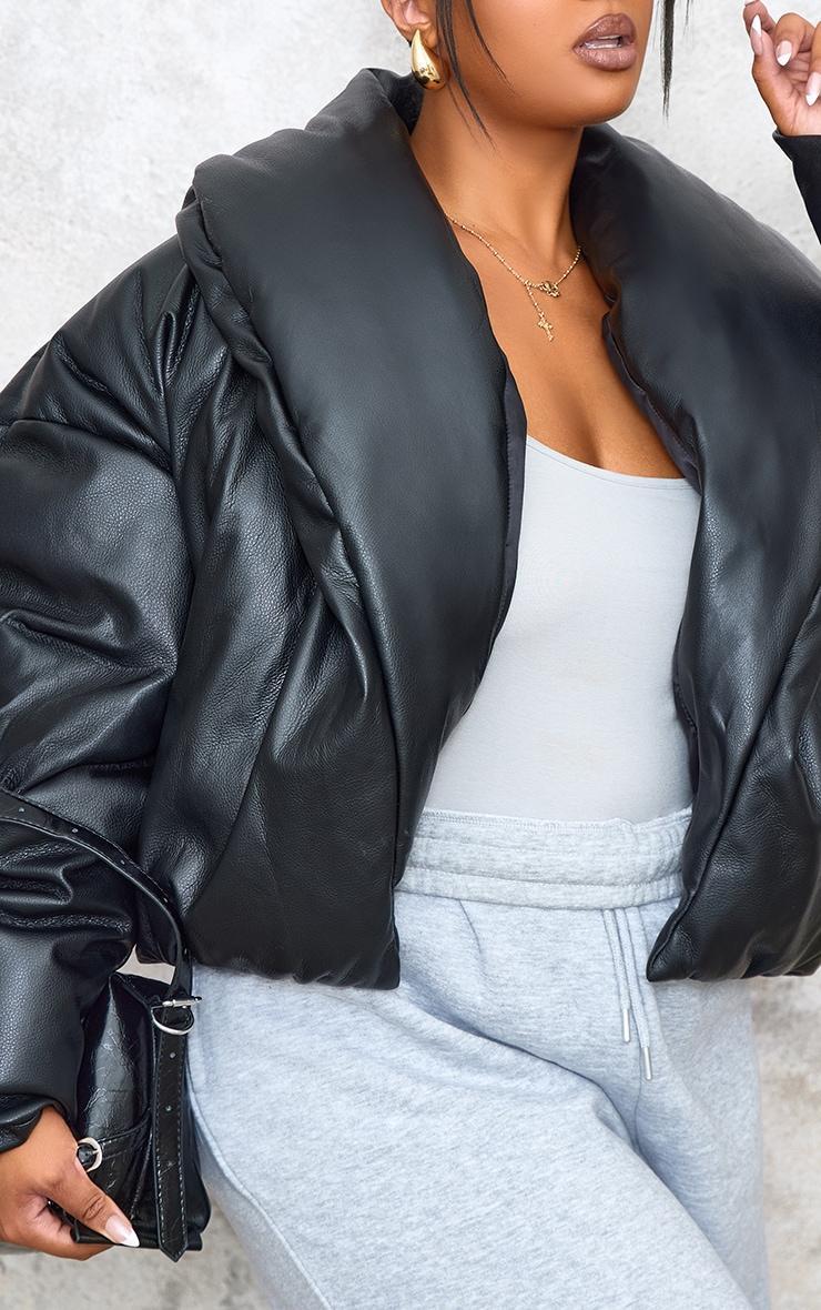 Plus Deep Black Exaggerated Collar PU Cropped Puffer Coat Product Image