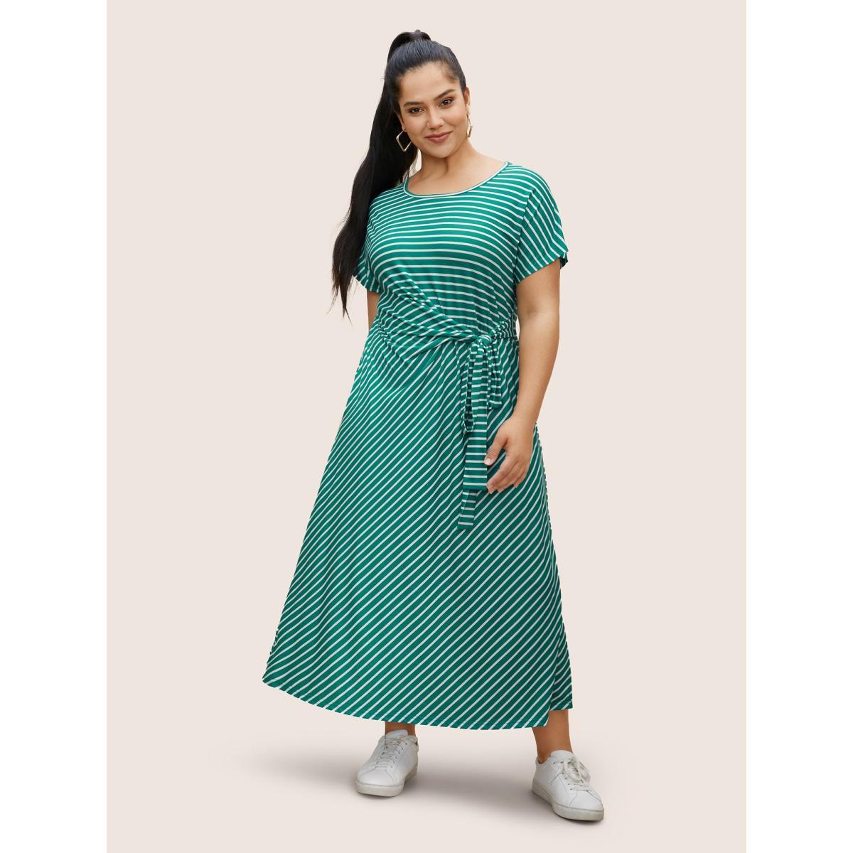 Plus Size Striped Tie Knot Batwing Sleeve Split Side Dress Emerald Women Casual Tie knot Round Neck Cap Sleeve Curvy BloomChic 10/M Product Image