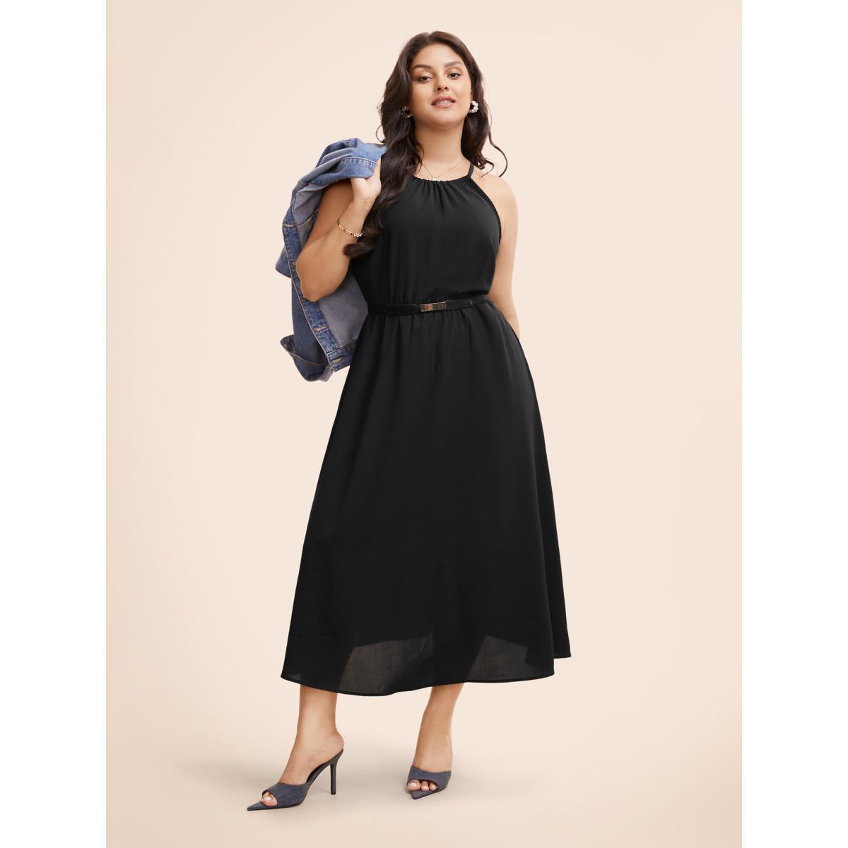Plus Size Halter Contrast Webbing Elastic Waist Dress Black Women Elegant Gathered Halter neck Sleeveless Curvy BloomChic 22-24/3X Product Image