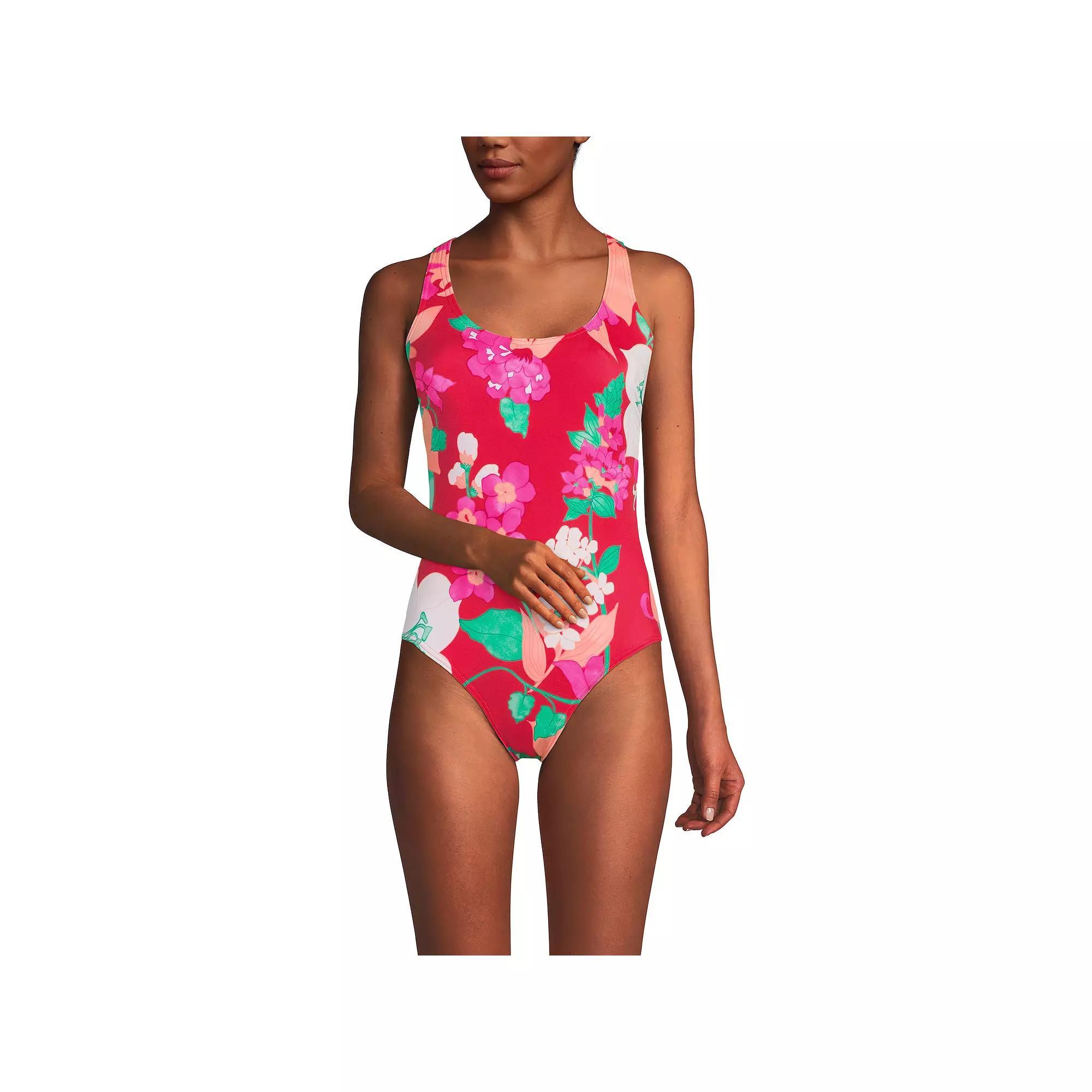 Women's Lands' End Chlorine Resistant Scoop Neck Sporty One-Piece Swimsuit, Size: 2, Pink Rose Lilies Product Image