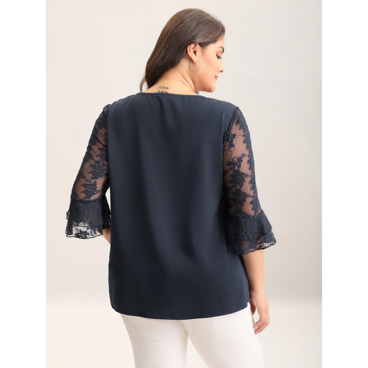 Plus Size Indigo Sheer Textured Sleeve V-Neck Blouse Women Elbow-length sleeve V-neck Everyday-Elegant Blouses BloomChic 12/L Product Image