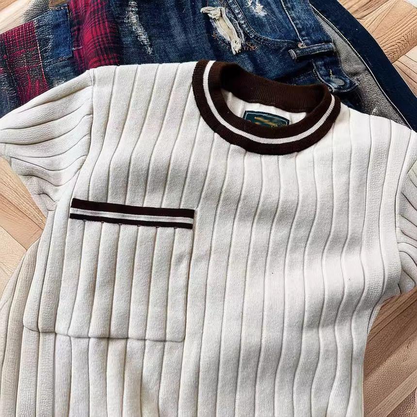 Elbow-Sleeve Crew Neck Contrast Trim Knit Top Product Image