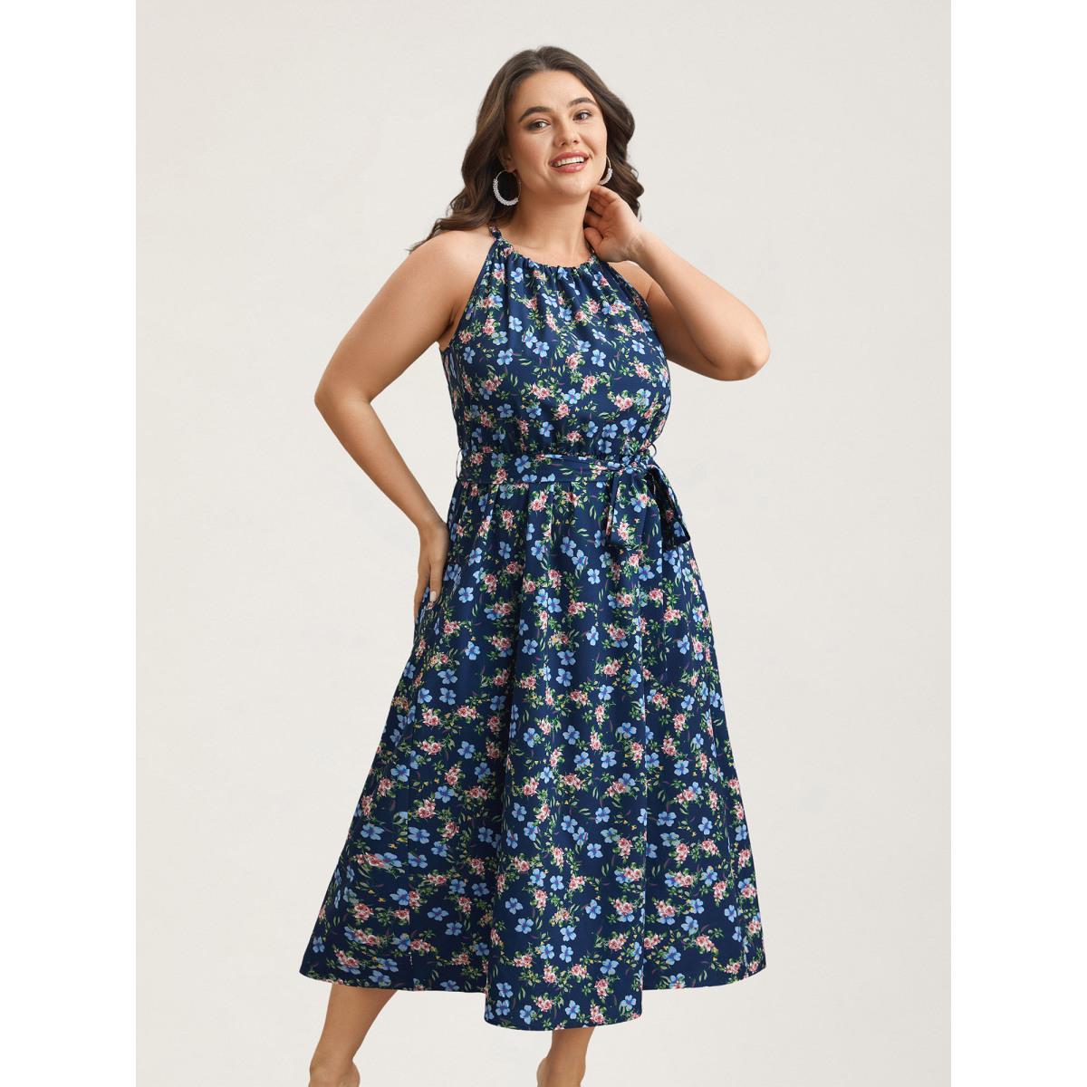 Plus Size Floral Print Belted Stretchy Waist Midi Dress Navy Women Elegant Gathered Halter neck Sleeveless Curvy BloomChic 12/L Product Image