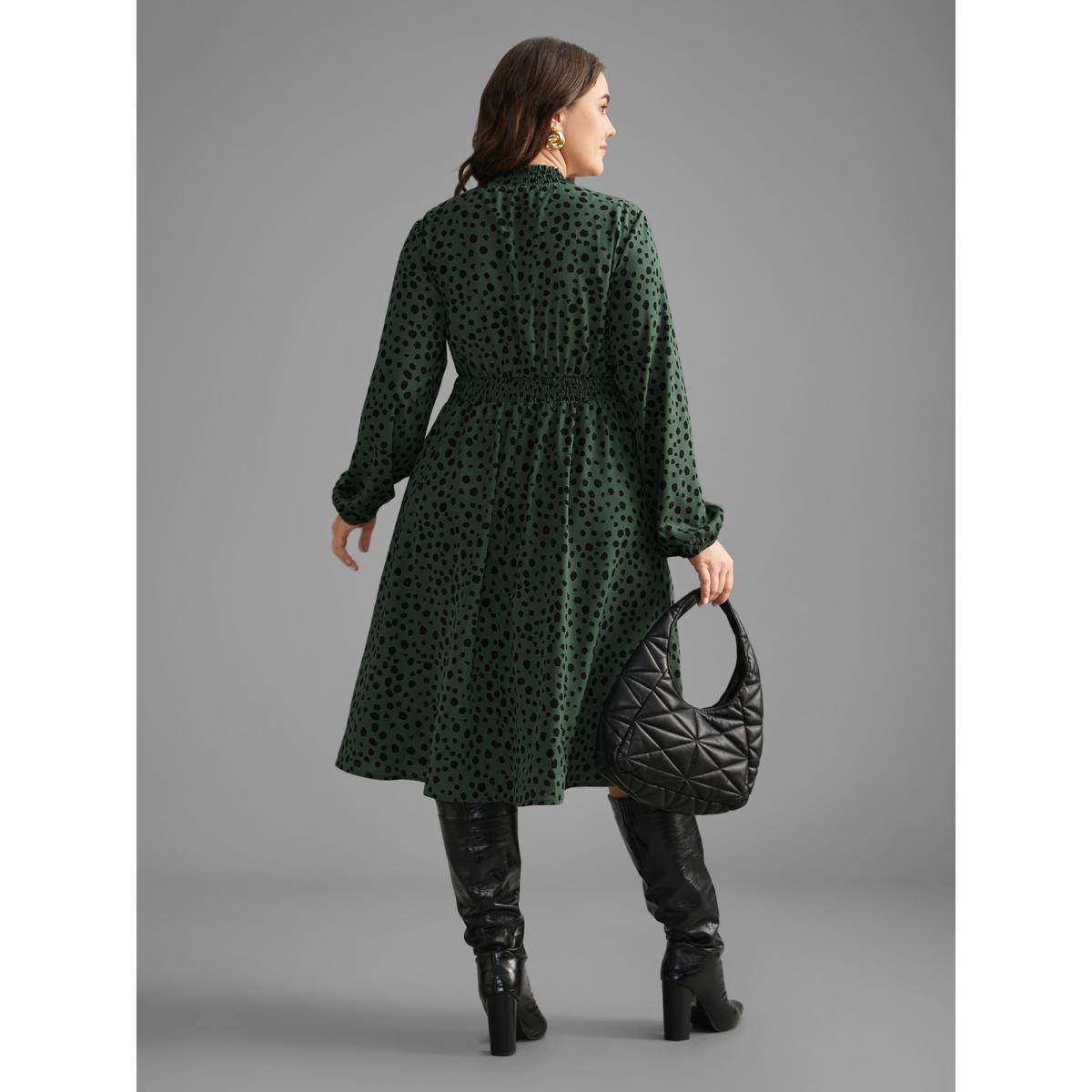Plus Size Polka Dot Shirred Frill Trim Dress DarkGreen Women At the Office Frill Trim Mock Neck Long Sleeve Curvy BloomChic 26/4X Product Image