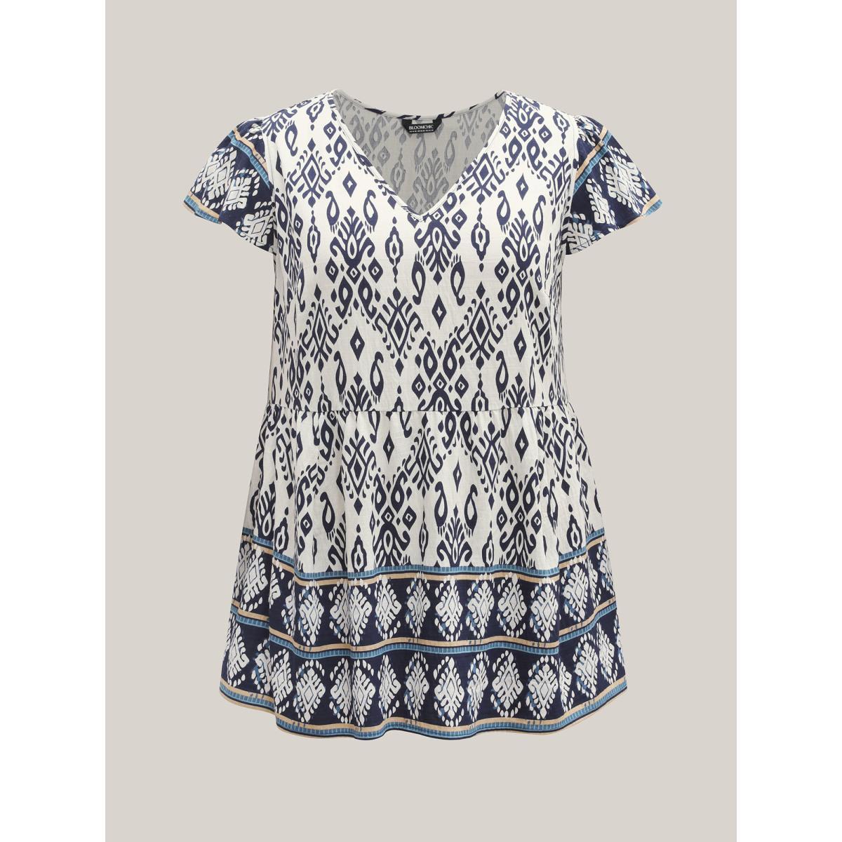 Plus Size Indigo Boho Print High-Low Hem Shirt Women Resort Cap Sleeve V-neck Vacation Blouses BloomChic 30/6X Product Image