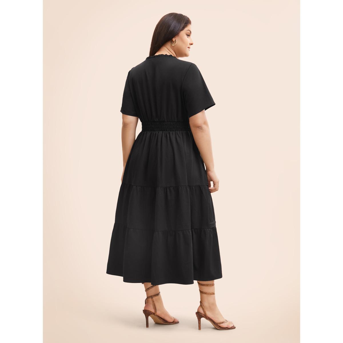 Plus Size Plain Frill Trim Ruffle Layered Hem Dress Black Women Resort Tucked seam Mock Neck Short sleeve Curvy BloomChic 28/5X Product Image