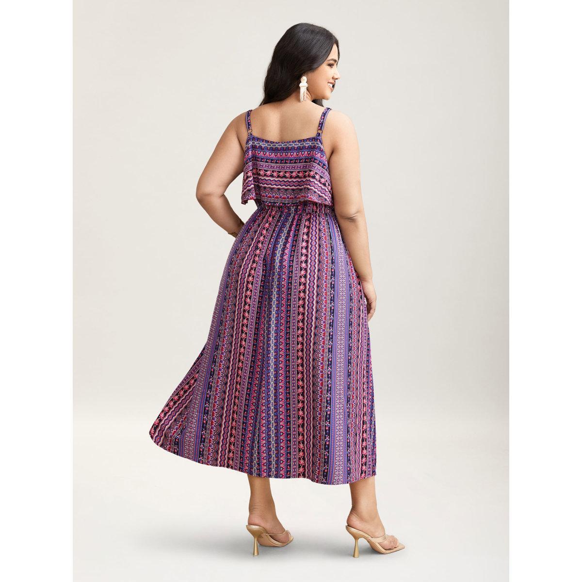 Plus Size Boho Print Stretchy Waist Pockets Midi Dress Deeppurplered Women Resort Tiered V-neck Sleeveless Curvy BloomChic 10/M Product Image