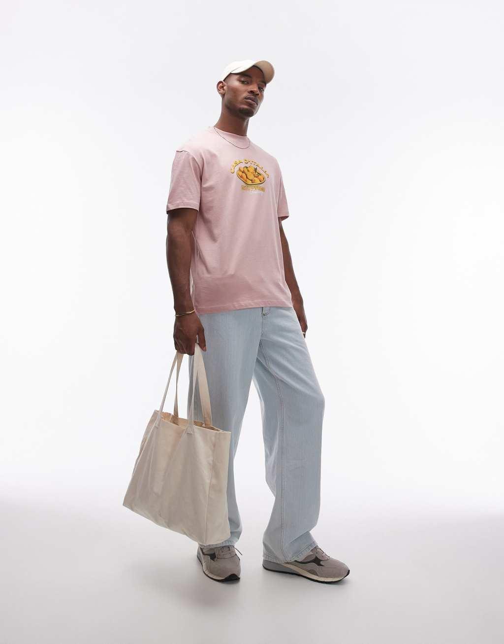 Topman oversized fit T-shirt with fruit print in washed pink Product Image
