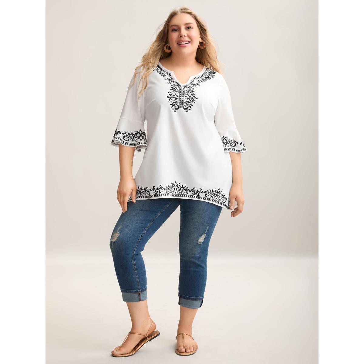 Plus Size Originalwhite Boho Print Split Neck Relaxed Fit Blouse Women Resort Elbow-length sleeve Notched collar Vacation Blouses BloomChic 14-16/1X Product Image