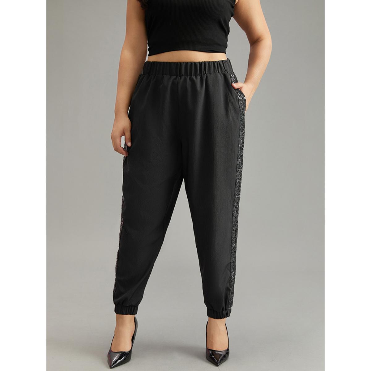 Plus Size Solid Sequin Patchwork Pocket Pants Women Black Glamour Harem High Rise Going out Pants BloomChic 30/6X Product Image