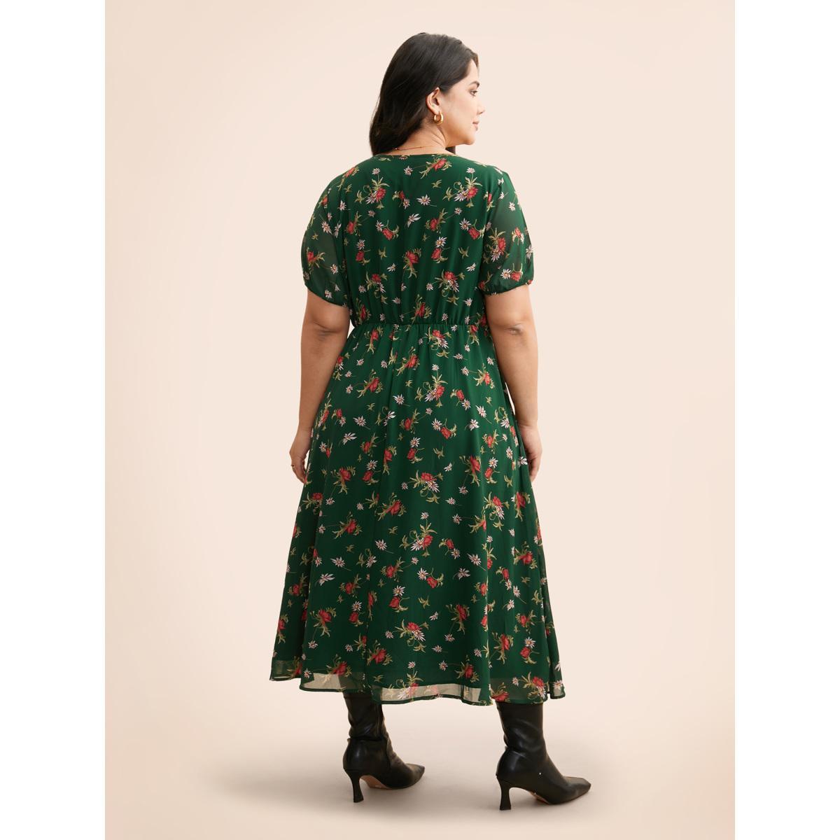 Plus Size Floral Notched Chiffon Mesh Midi Dress DarkGreen Women Elegant See through Notched collar Short sleeve Curvy BloomChic 10/M Product Image