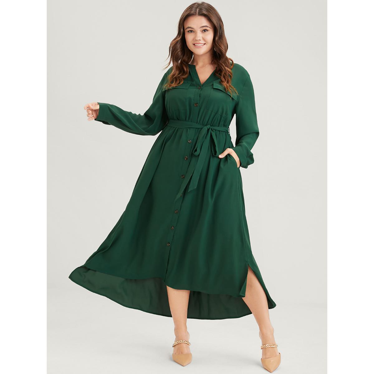 Plus Size Solid V Neck Pocket Button Asymmetrical Flutter Hem Belted Dress DarkGreen Women Office Plain V-neck Long Sleeve Curvy Long Dress BloomChic 28/5X Product Image