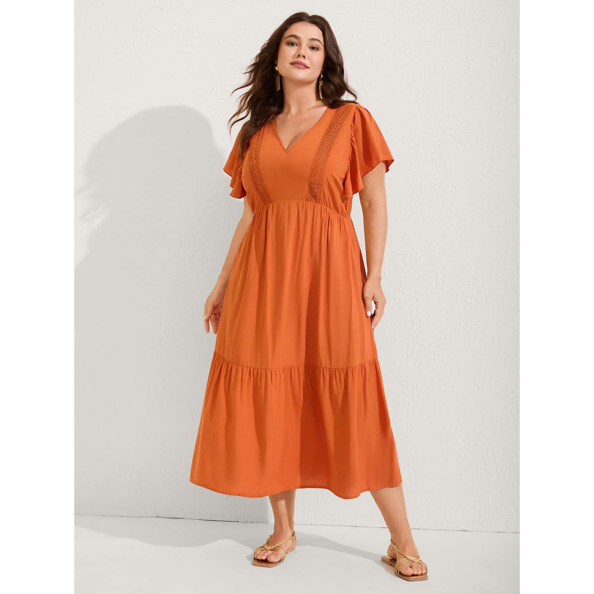 Plus Size Rayon Stretchy Waist Lace Midi Dress OrangeRed Women V-neck Short sleeve Curvy BloomChic 14-16/1X Product Image