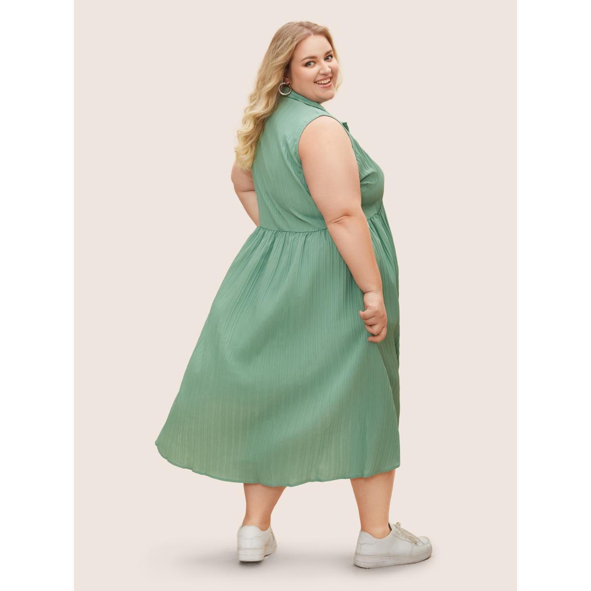 Plus Size Solid Shirt Collar Ruffle Pocket High Low Hem Button Up Dress Mint Women At the Office Non Polo Sleeveless Curvy Midi Dress BloomChic 28/5X Product Image