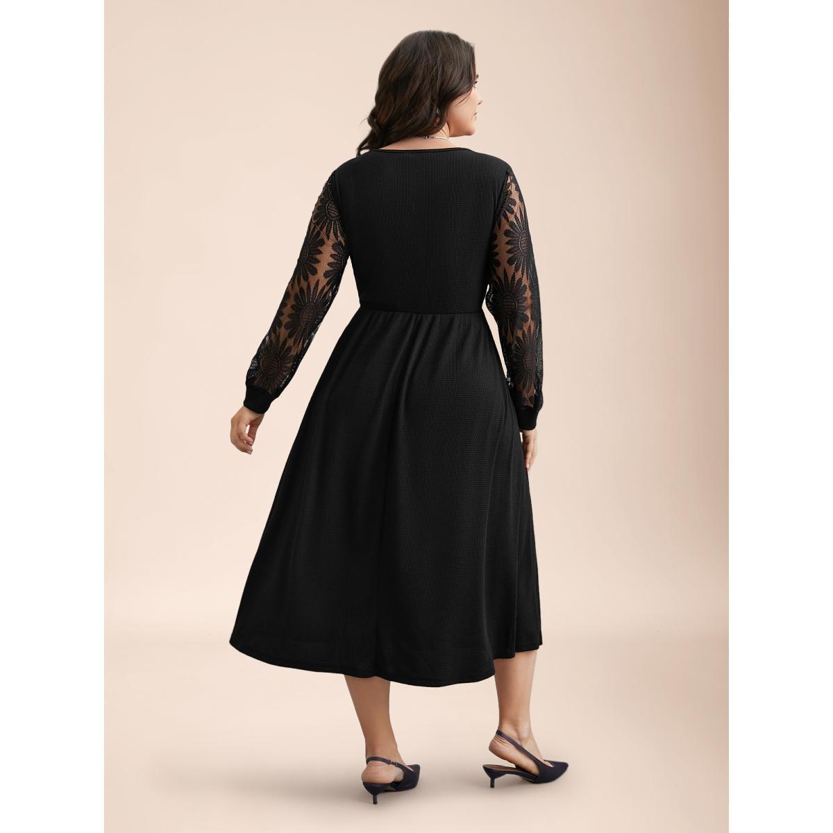 Plus Size Sheer Textured Sleeve Waist Cinched Midi Dress Black Women Elegant Texture Knit Dresses Bloomchic 10/M Product Image