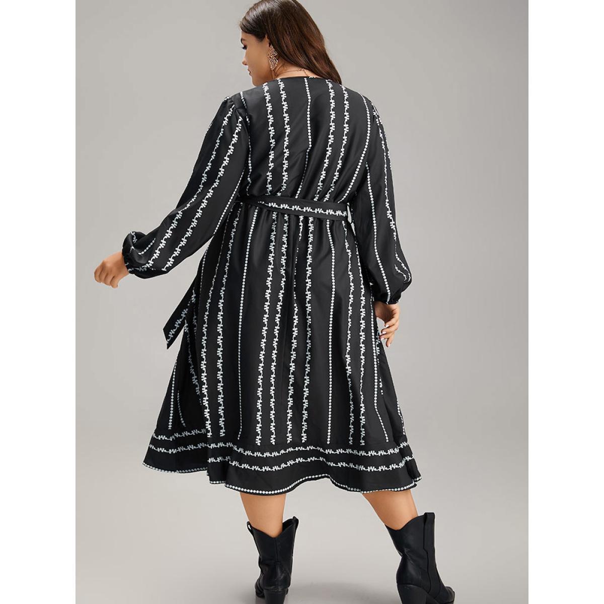 Plus Size Boho Print Striped Belted Wrap Pocket Dress Black Women Vacation Belted V-neck Long Sleeve Curvy Midi Dress BloomChic 12/L Product Image