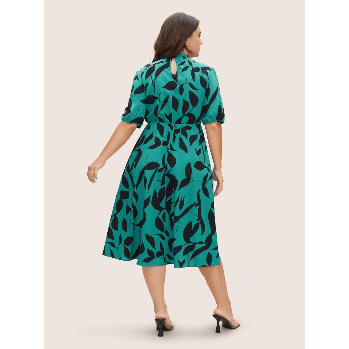 Plus Size Silhouette Floral Print Mock Neck Midi Dress Teal Women Elegant Gathered Mock Neck Short sleeve Curvy BloomChic 30/6X Product Image