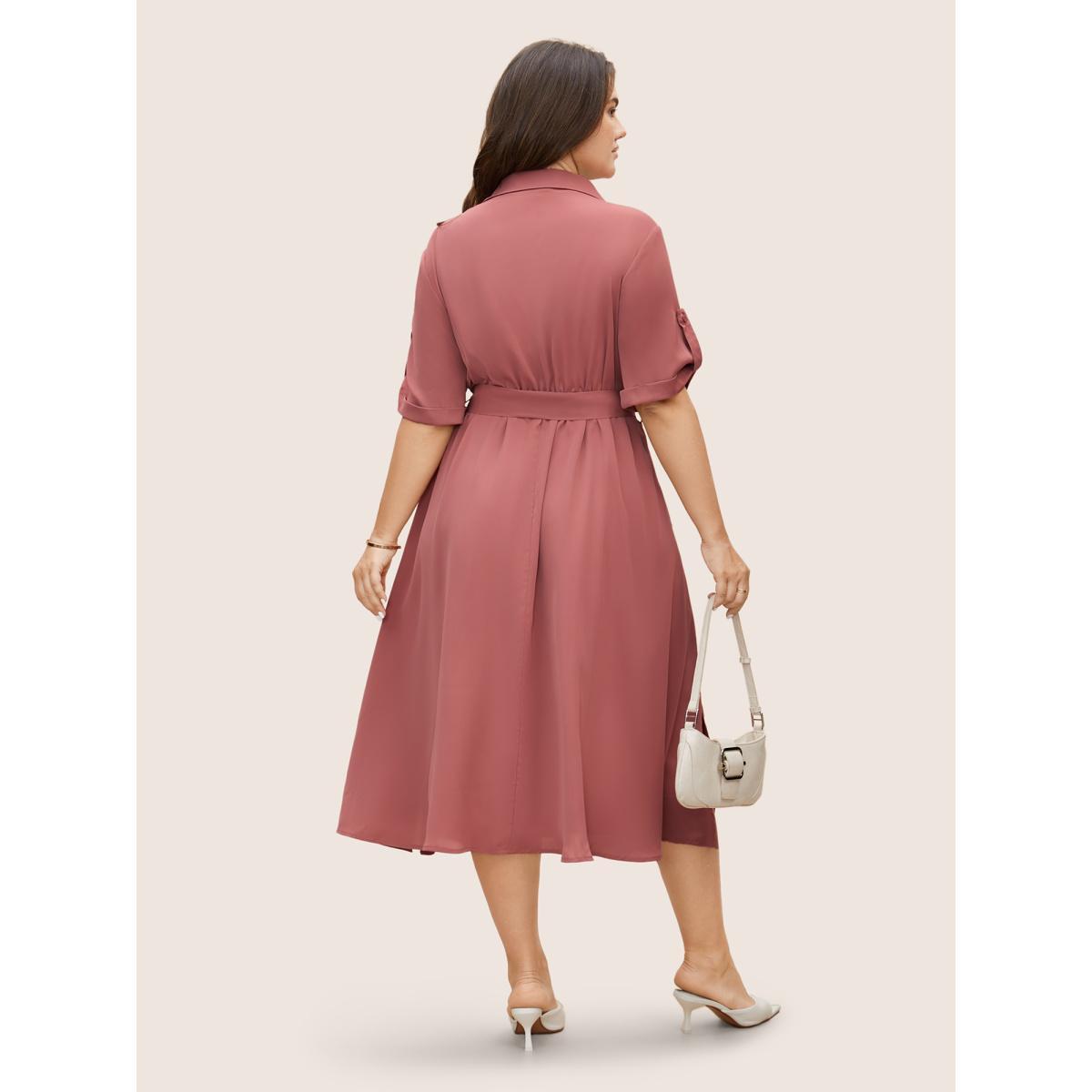 Plus Size Shirt Collar Tab Sleeve Split Hem Dress Rouge Women At the Office Belted Shirt collar Half Sleeve Curvy BloomChic 26/4X Product Image