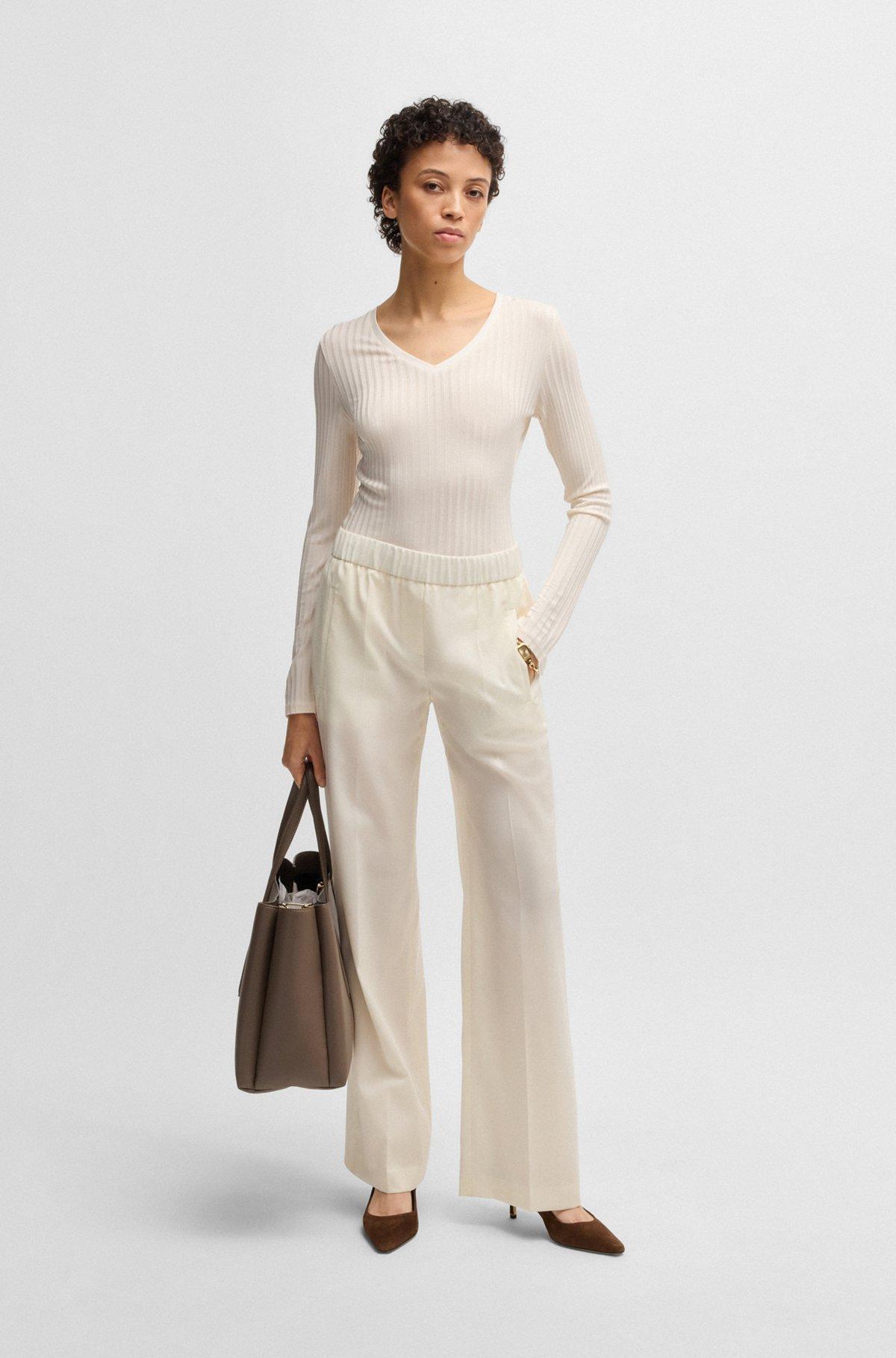 BOSS - Long-sleeved V-neck top in lustrous ribbed jersey - White Product Image