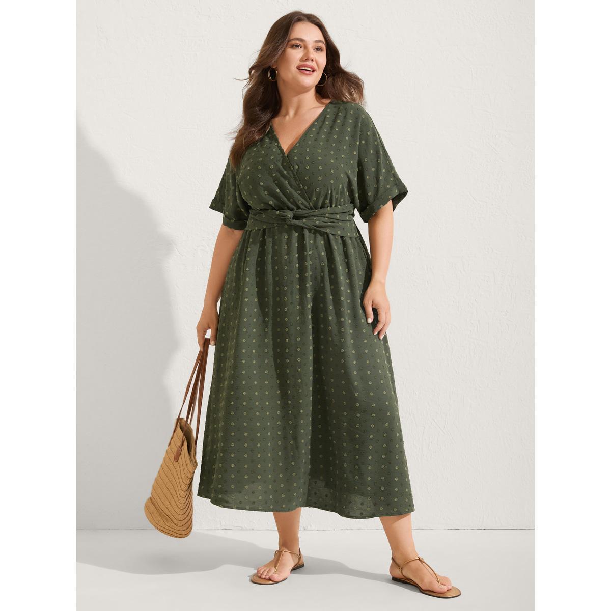 Plus Size Textured Pleated Twist Waist Midi Dress ArmyGreen Women Overlapping Overlap Collar Short sleeve Curvy BloomChic 18-20/2X Product Image