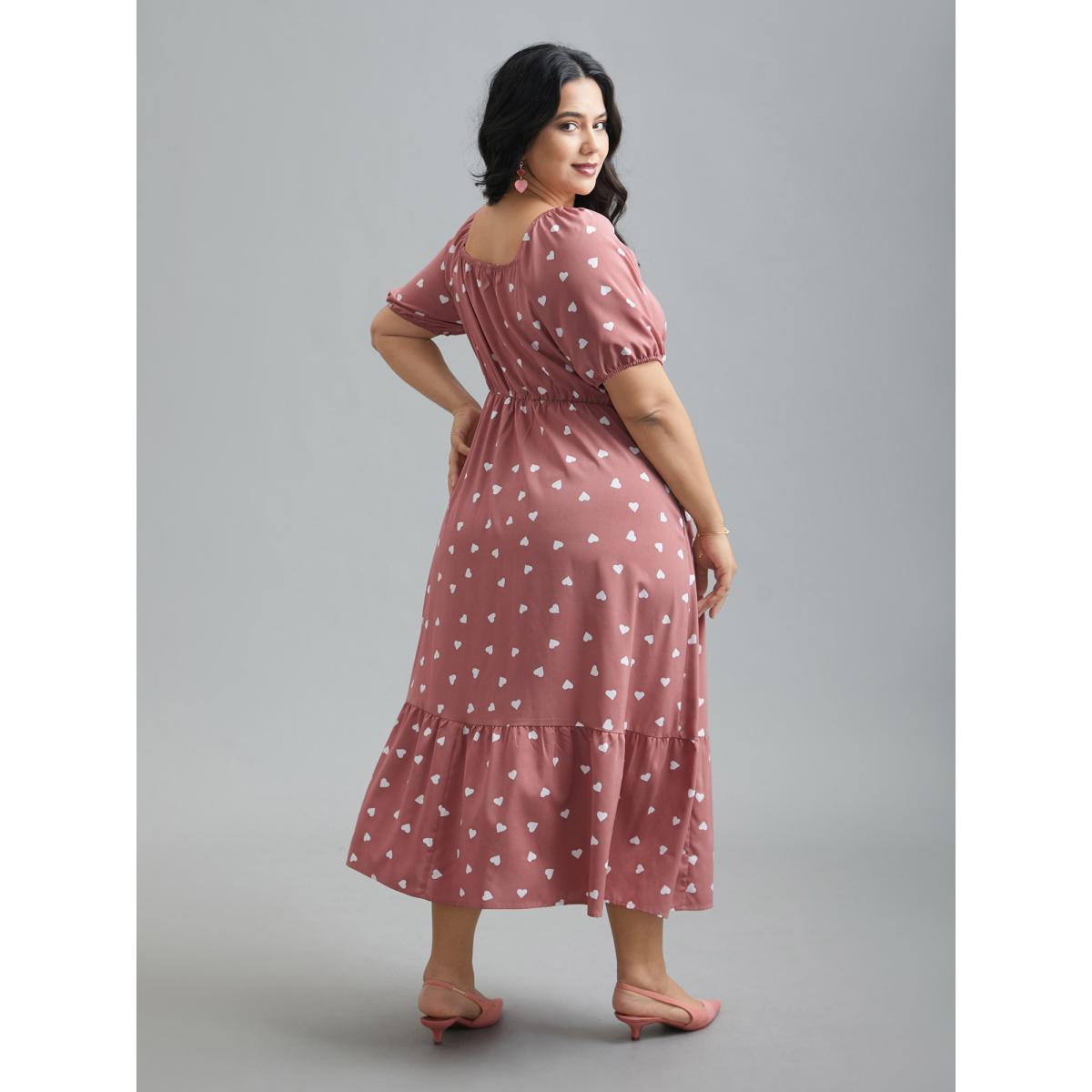 Plus Size Ruffled Stretchy Waist Puff Sleeve Dress DustyPink Women Elegant Gathered Heart neckline Half Sleeve Curvy BloomChic 28/5X Product Image