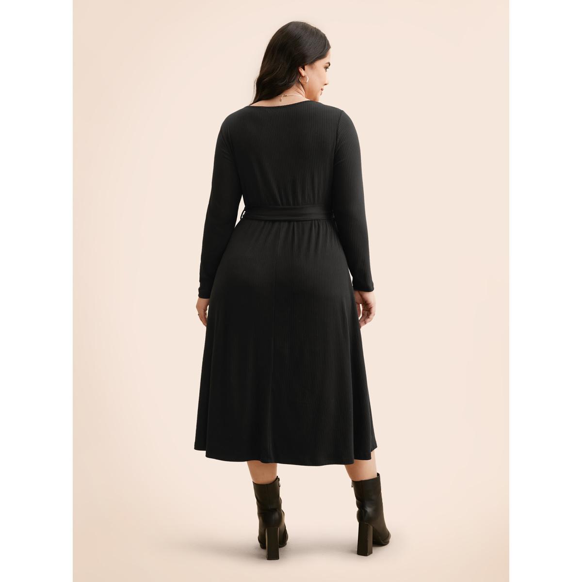 Plus Size Solid Waist Tie Midi Dress Black Women Casual Texture Knit Dresses Bloomchic 10/M Product Image