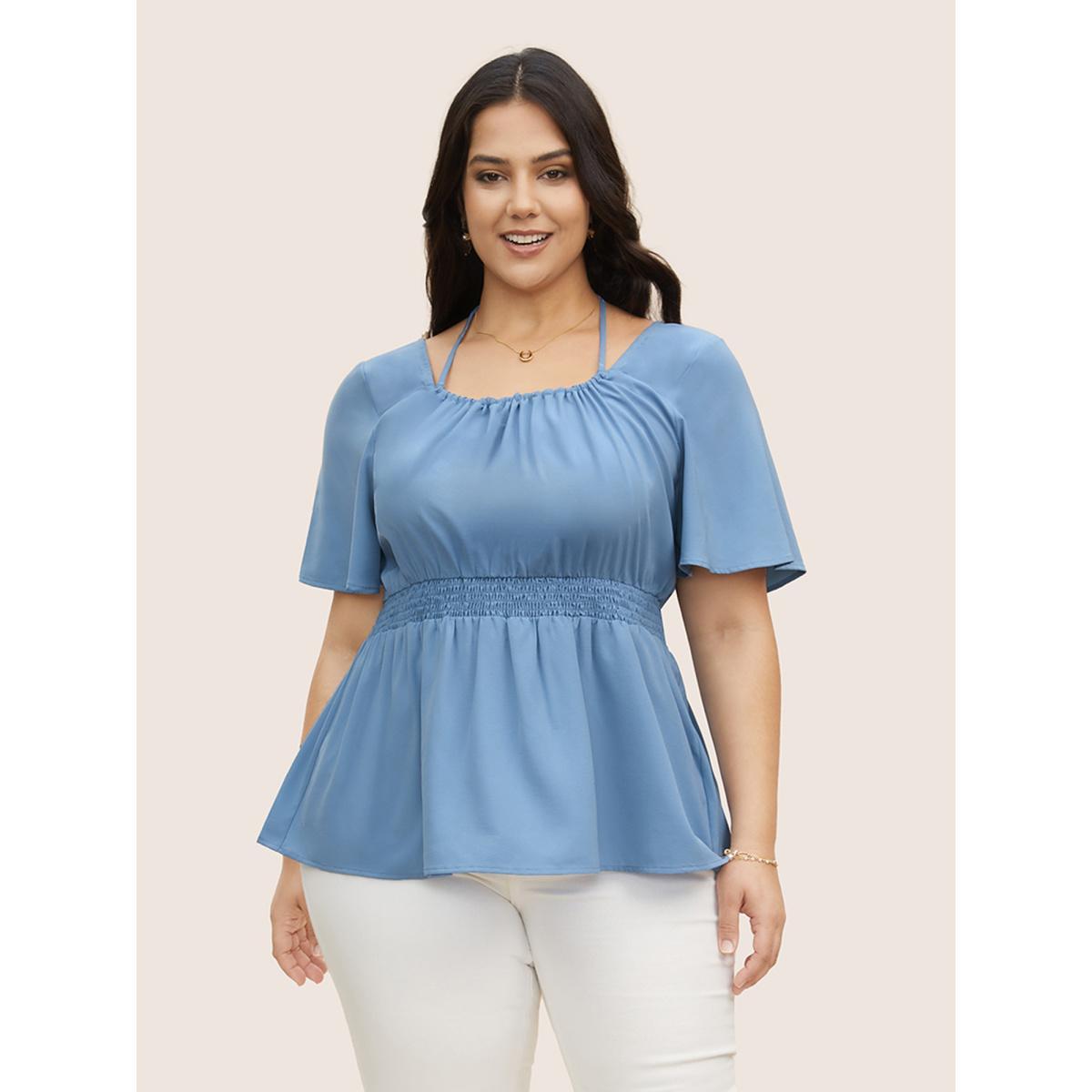 Plus Size LightBlue Plain Halter Neck Shirred Tie Knot Blouse Women Elegant Short sleeve Halter neck Everyday Blouses BloomChic 18-20/2X Product Image