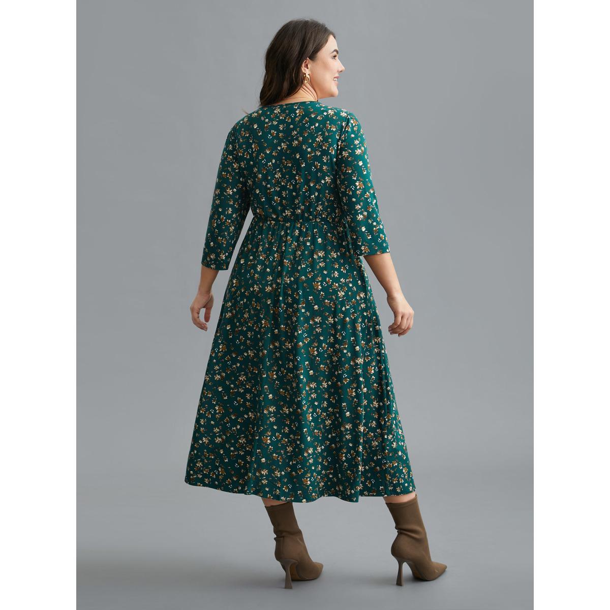 Plus Size Ditsy Floral Chest Drawstring Midi Dress DarkGreen Women Elegant Drawstring Knit Dresses Bloomchic 28/5X Product Image