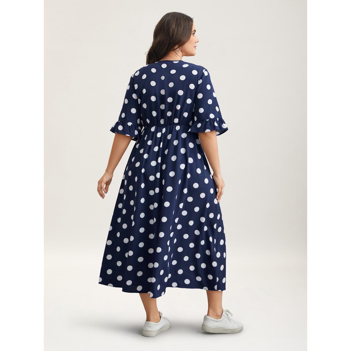 Plus Size Polka Dots Surplice Neck Waist-Cinched Dress Navy Women Elegant Ruffles Overlap Collar Elbow-length sleeve Curvy BloomChic 12/L Product Image