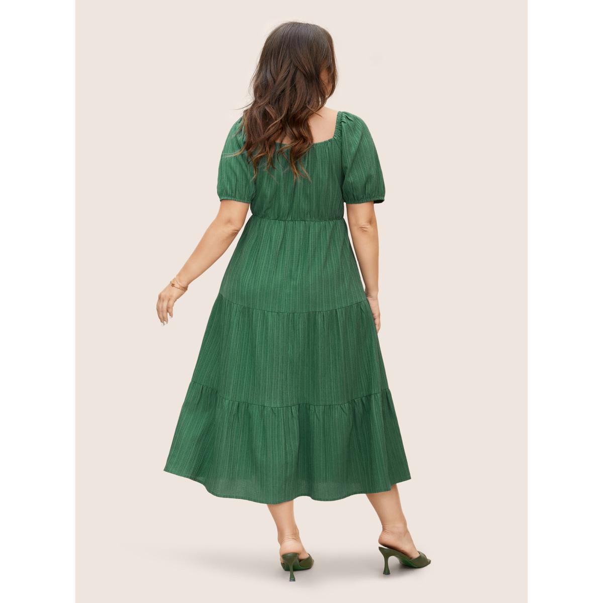 Plus Size Square Neck Texture Shirred Puff Sleeve Dress Emerald Women Elegant Texture Square Neck Short sleeve Curvy BloomChic 30/6X Product Image