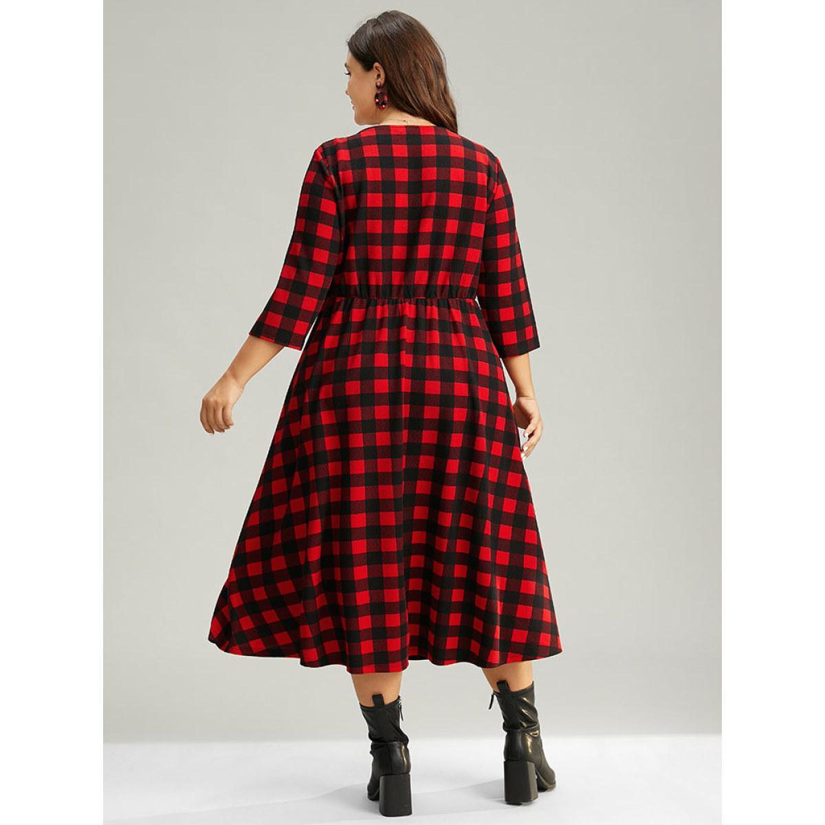 Plus Size Christmas Plaid Crochet Lace Mesh Cut Out Dress Raspberry Women Office See through Round Neck Elbow-length sleeve Curvy Midi Dress BloomChic 26/4X Product Image
