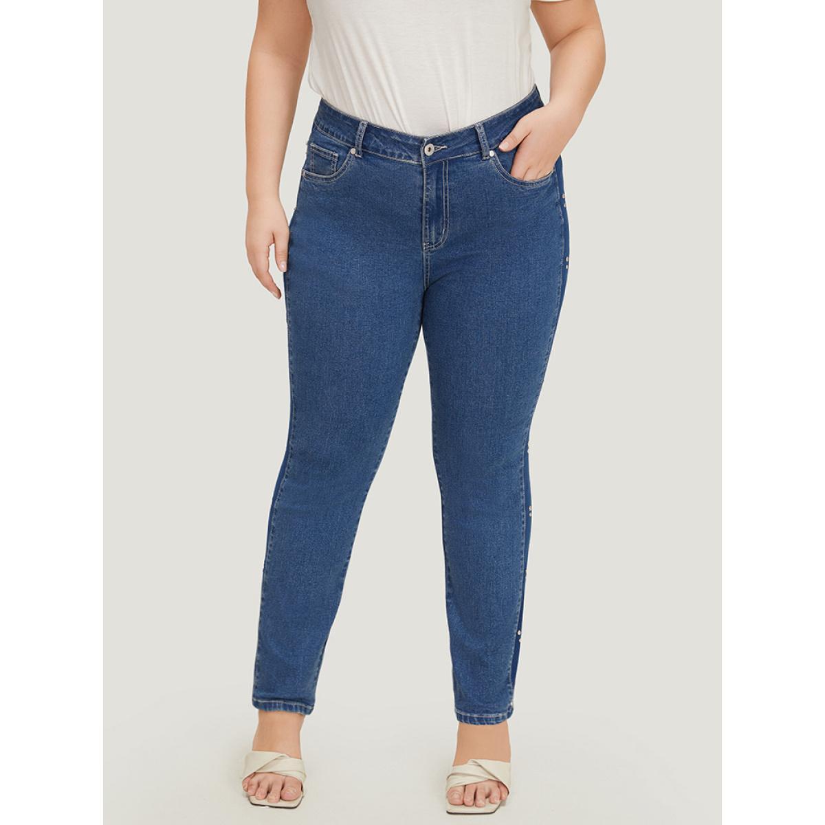 Plus Size Pearl Beaded Patchwork Medium Wash Jeans Women Indigo Casual Colorblock Beaded High stretch Pocket Jeans BloomChic 12/L Product Image