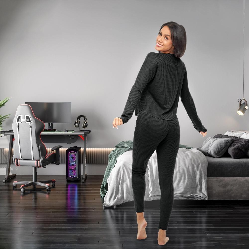 ADR Women's Pajamas Set, Soft Ribbed Knit Waffle Pajamas Lounge Set, Long Sleeve Drop Shoulder V-neck Top and Leggings PJ Pants Product Image