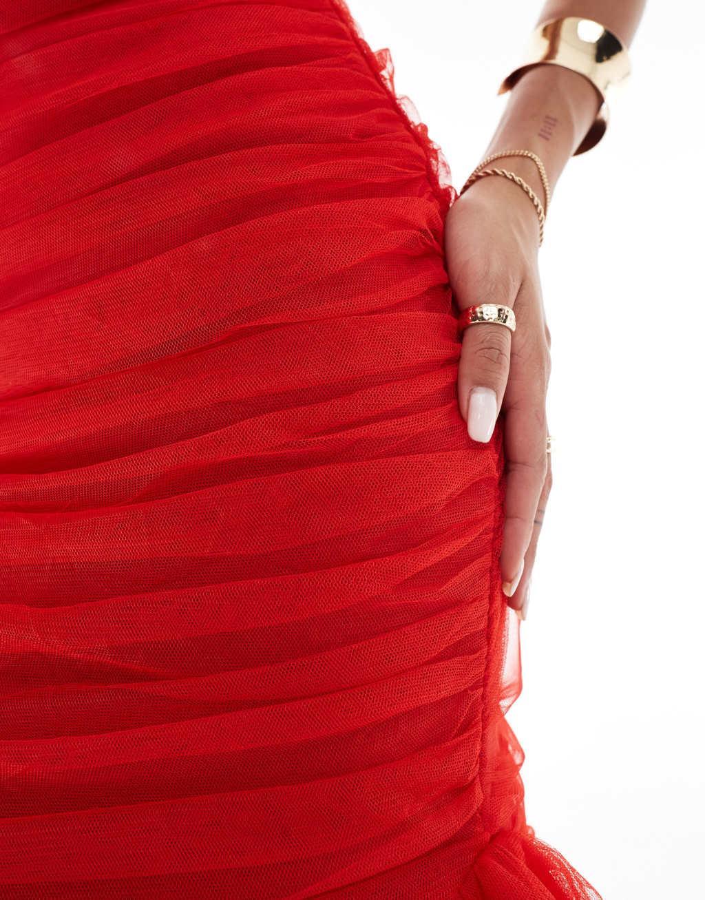Rare London mesh sweetheart bandeau midi dress with asymmetric hem in red Product Image