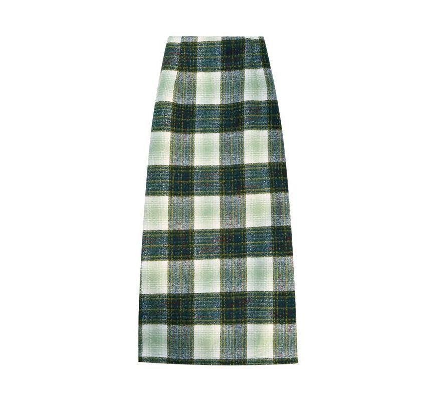 Elastic Waist Plaid Slit Midi A-Line Skirt Product Image