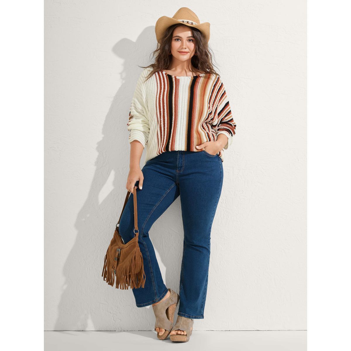 Plus Size Earthy Stripes Drop Shoulder Lightweight Pullover Ivory Women Resort Loose Long Sleeve Boat Neck Vacation Pullovers BloomChic 28/5X Product Image
