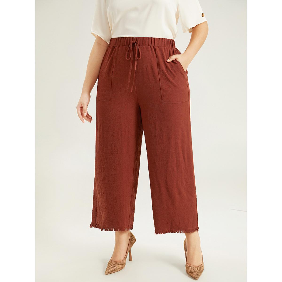 Plus Size Plain Frayed Hem Pocket Bowknot Pants Women Rust Office Straight Leg High Rise Work Pants BloomChic 18-20/2X Product Image