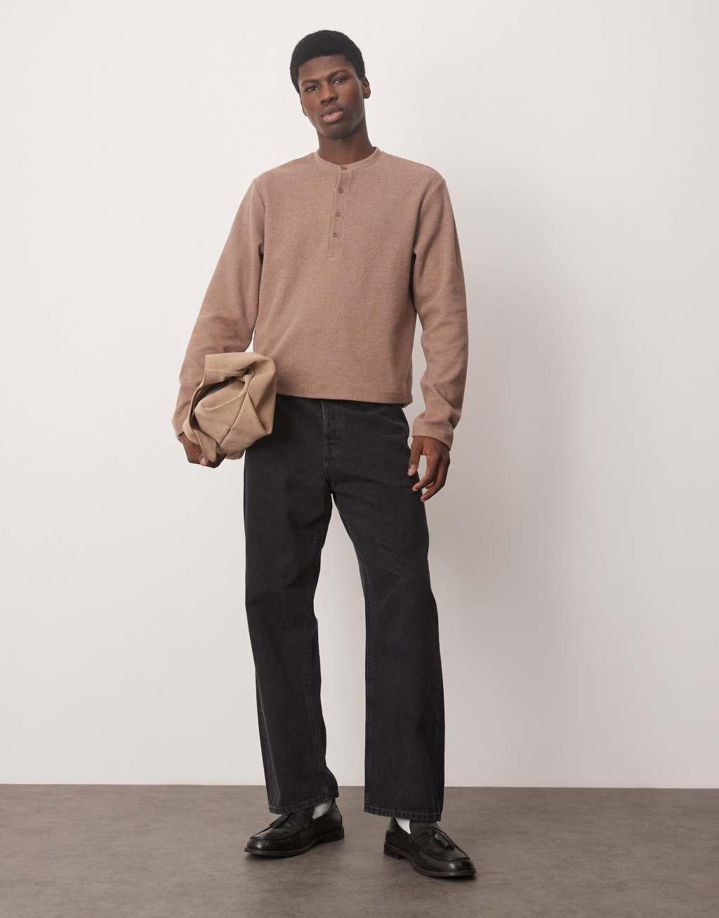 ASOS DESIGN boxy long sleeve t-shirt in brushed rib with henley neck in brown Product Image