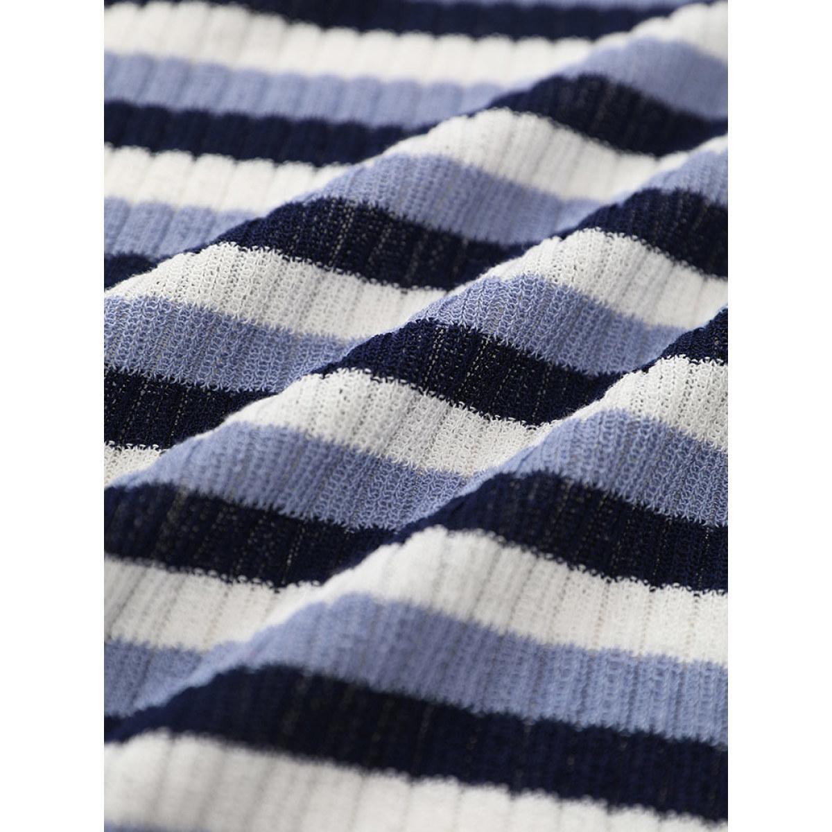 Plus Size Contrast Striped Rib Knit Button Through Cardigan Indigo Women Casual Loose Long Sleeve Dailywear Cardigans BloomChic 14-16/1X Product Image