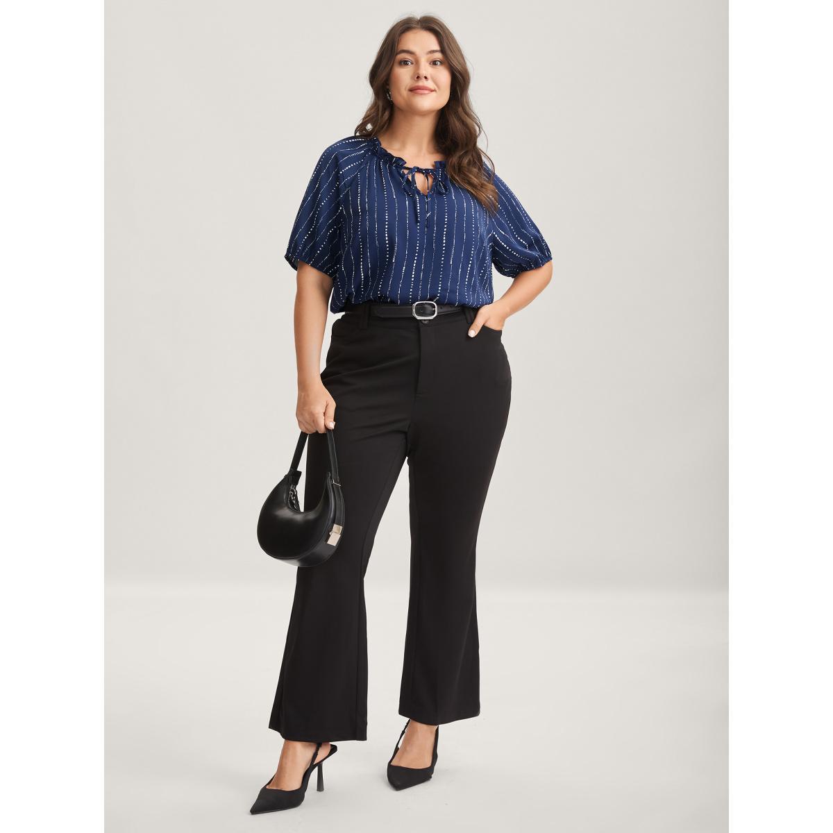 Plus Size DarkBlue Textured Notched Collar Tie Puffy Blouse Women Short sleeve Notched collar Work Blouses BloomChic 12/L Product Image
