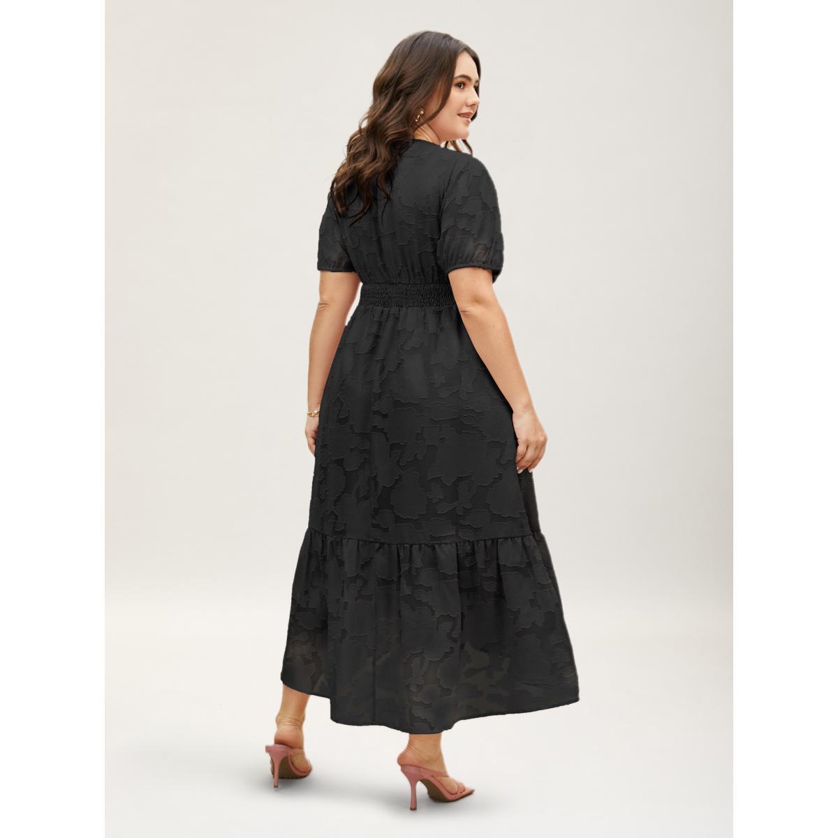 Plus Size Solid Textured Lantern Sleeve Button Detail Dress Black Women Elegant Button V-neck Short sleeve Curvy BloomChic 10/M Product Image
