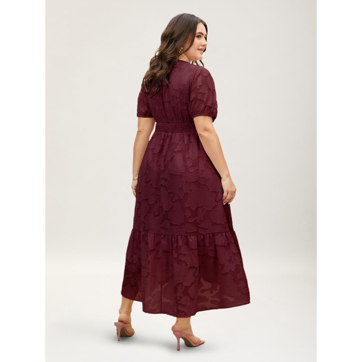 Plus Size Solid Textured Lantern Sleeve Button Detail Dress Burgundy Women Elegant Button V-neck Short sleeve Curvy BloomChic 12/L Product Image