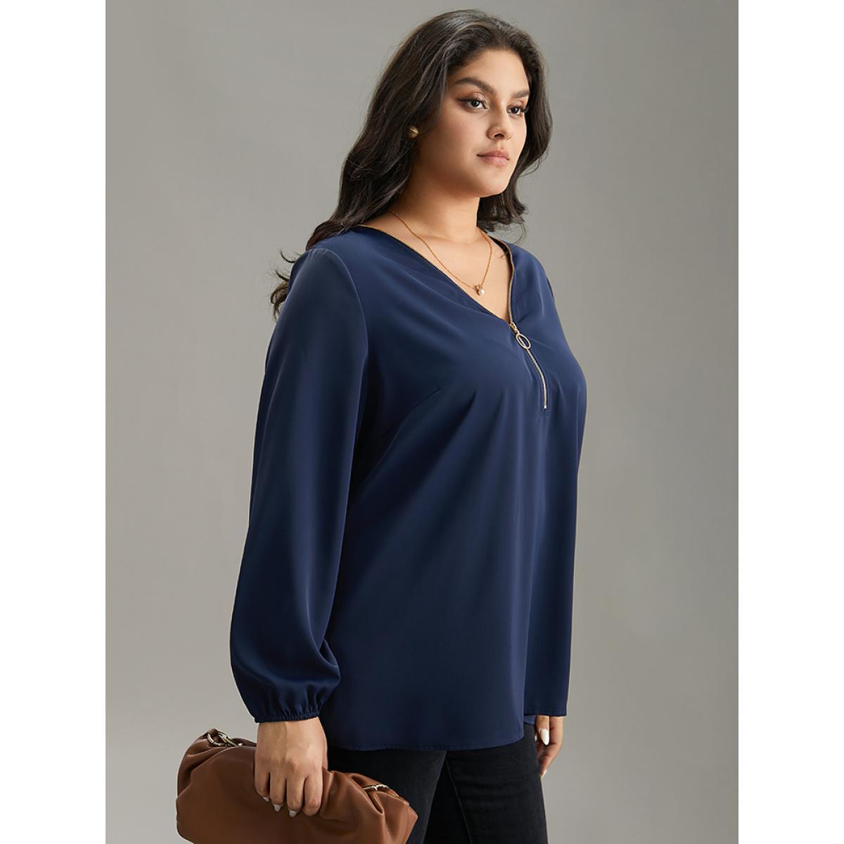 Plus Size Aegean Static-Free Plain Zipper Elastic Cuffs Blouse Women Office Long Sleeve V-neck Work Blouses BloomChic 12/L Product Image