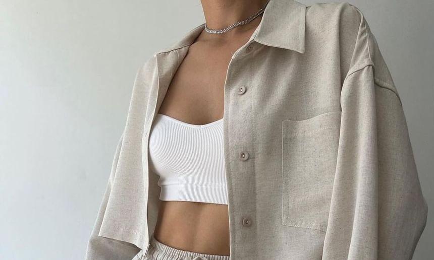 Set: Long-Sleeve Plain Button-Up Crop Shirt + High Rise Wide Leg Pants Product Image