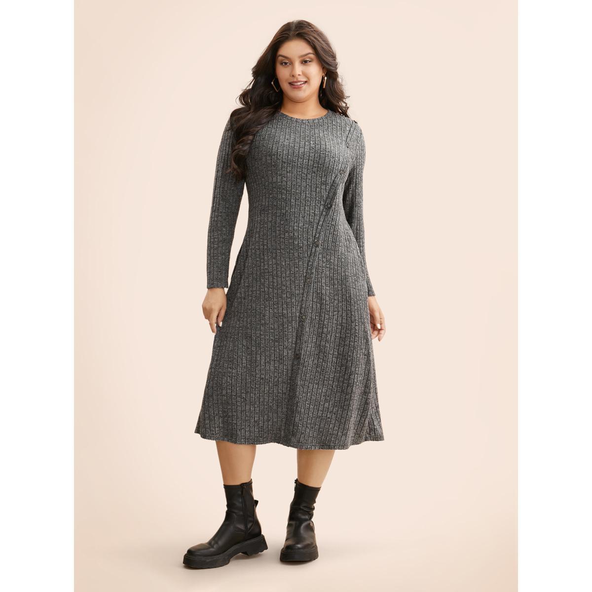 Plus Size Crew Neck Button Detail Slim Fit Dress DimGray Women Casual Texture Round Neck Long Sleeve Curvy BloomChic 10/M Product Image