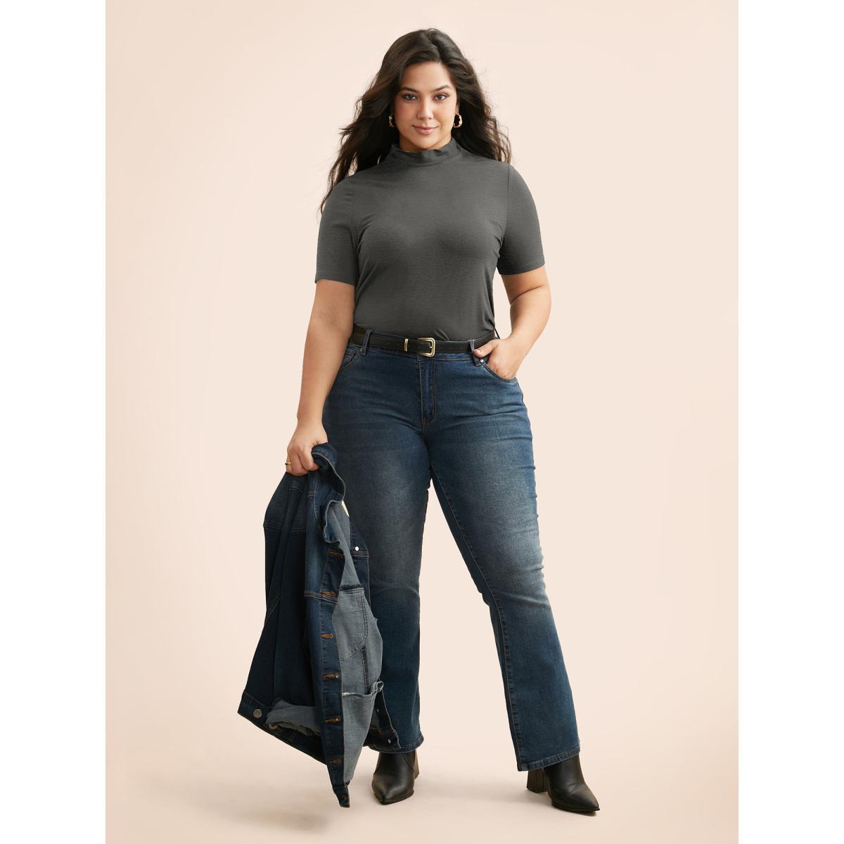 Plus Size Supersoft Essentials Solid Mock Neck T-shirt DimGray Women Casual Non Mock Neck Skinny Everyday T-shirts BloomChic 26/4X Product Image